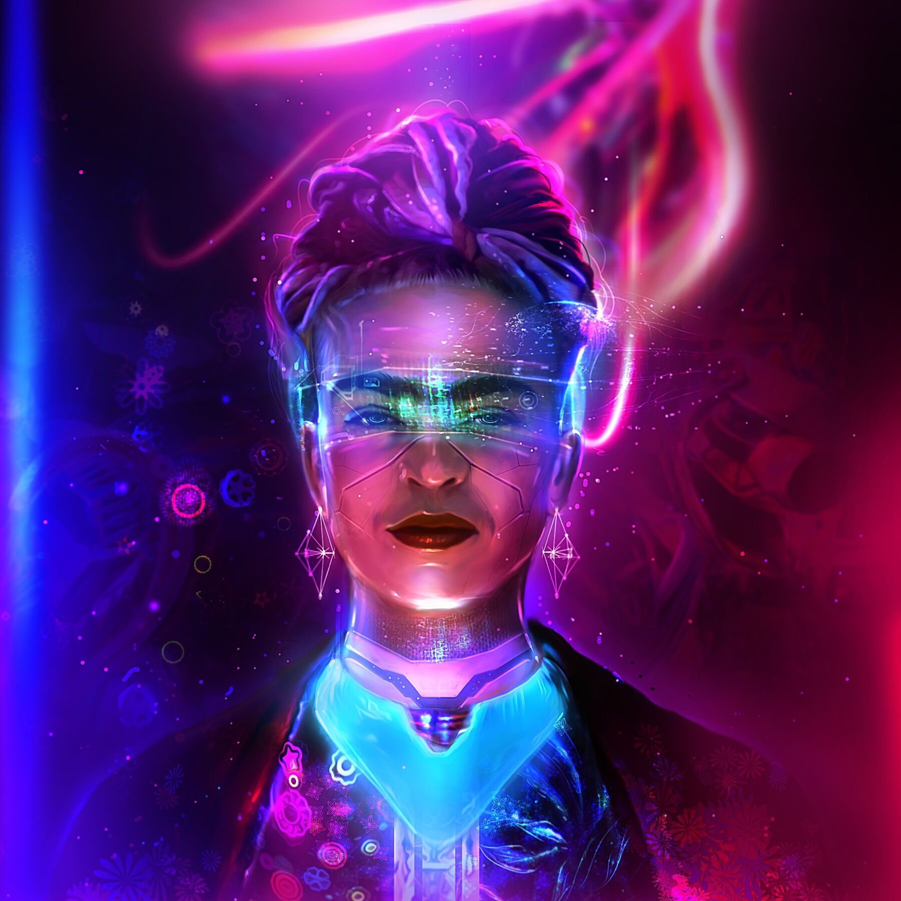 A futuristic female face surrounded by neon lights and wearing futuristic looking glasses