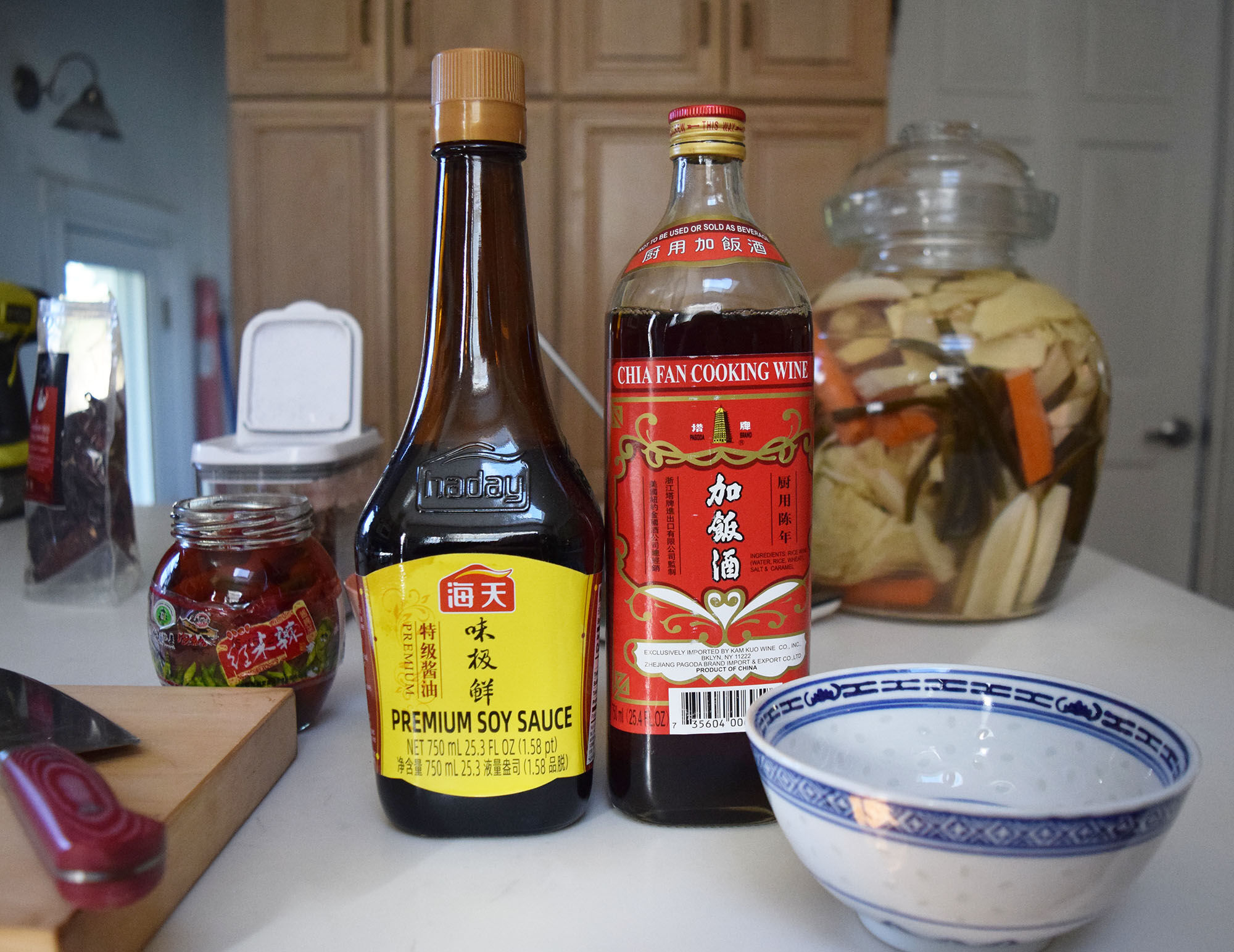 Rice wine and Chinese soy sauce.