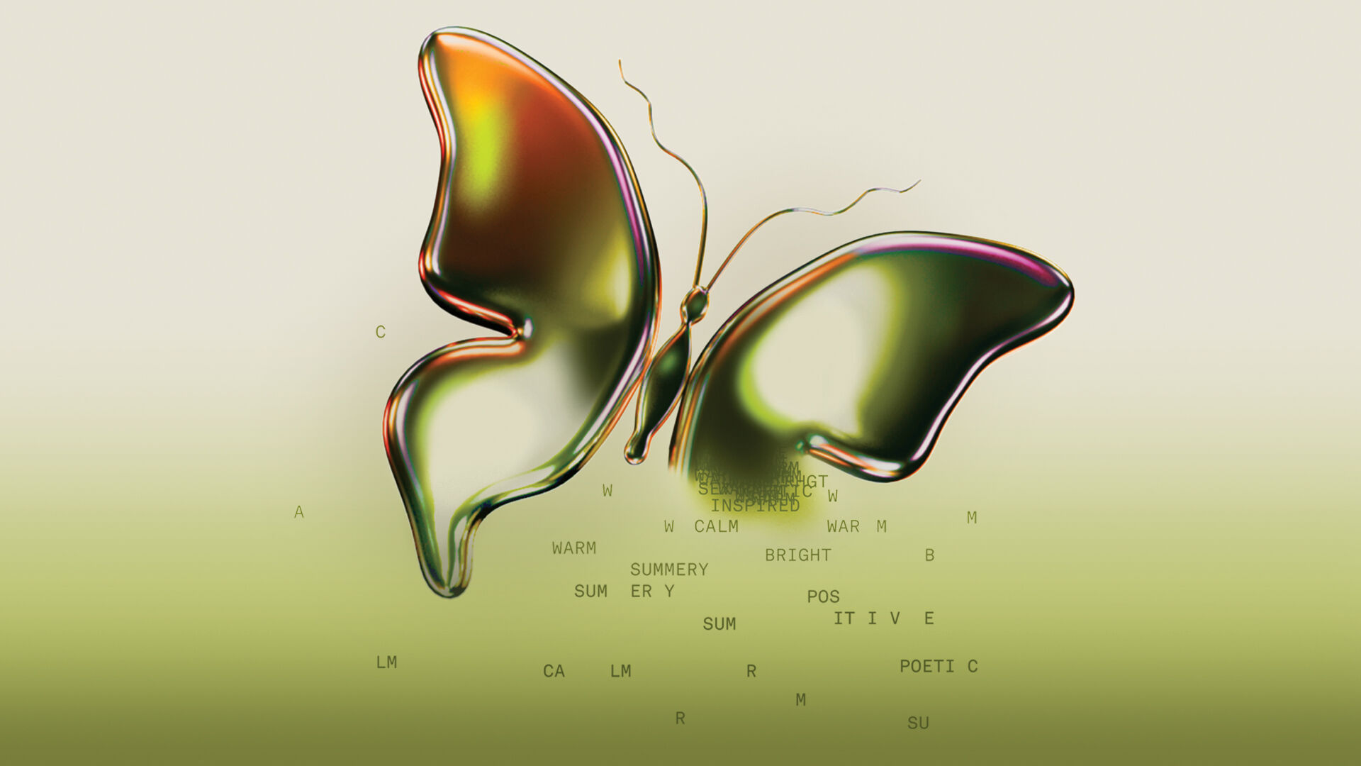 A butterfly transforming into words associated with perfume