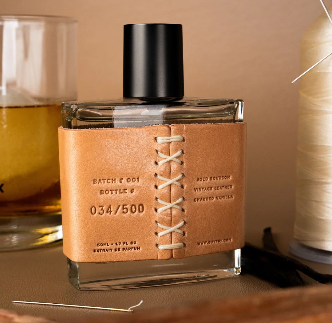 Back of Nightcap bottle, showing leather work and stitching.