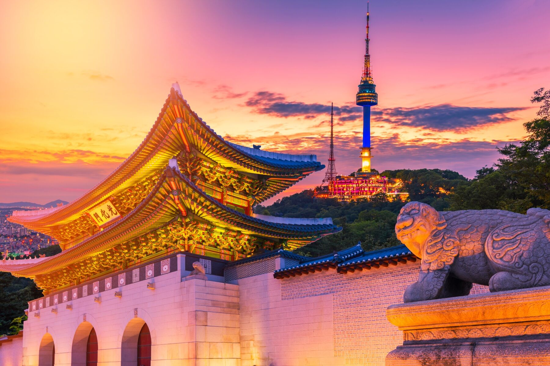 A temple in South Korea shown in shades of pink and purple