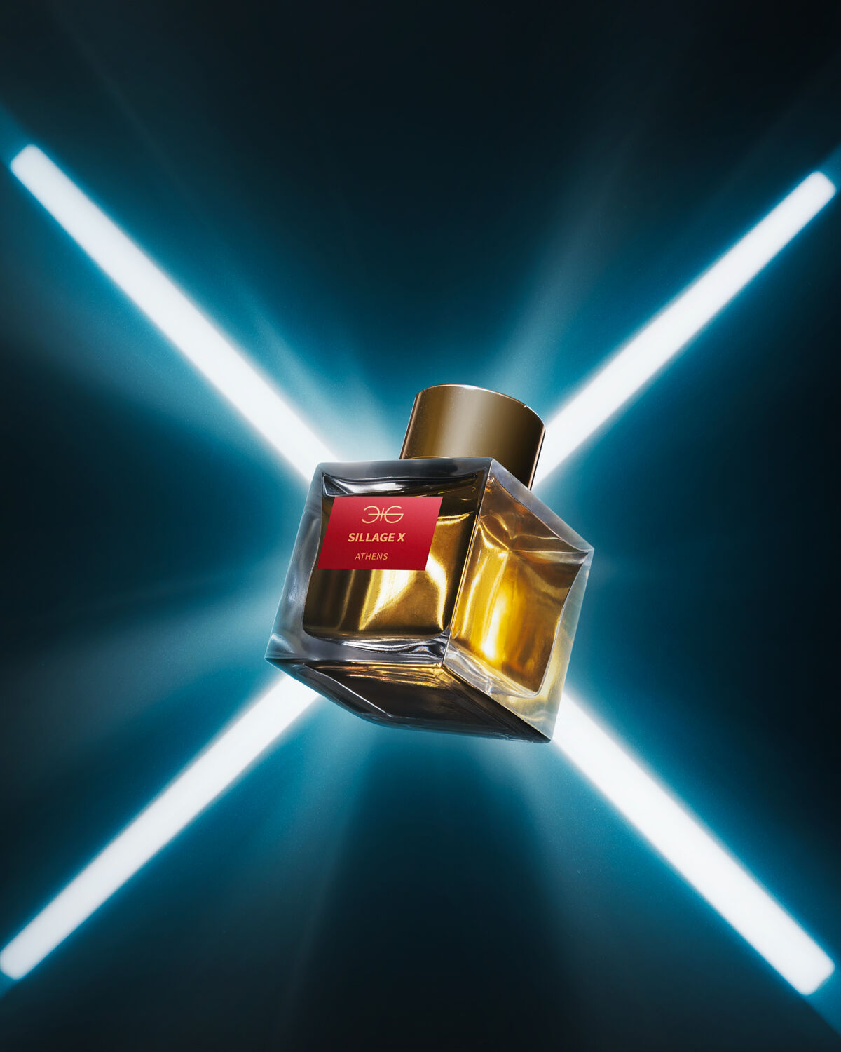 Sillage X by Manos Gerakinis floating on a dark blue background with a neon X crossing behind it