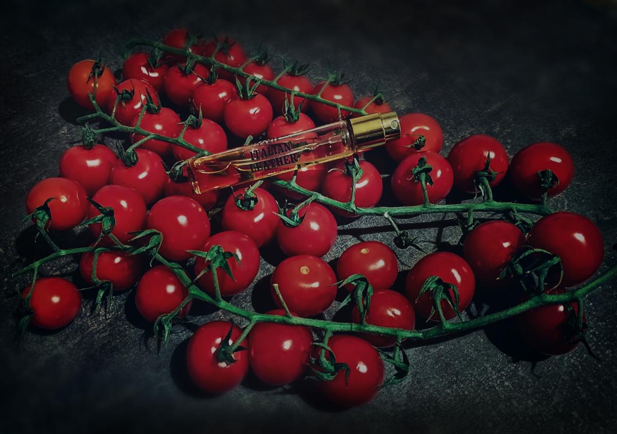 rajčata s neporušenými listy na stonku, nahoře položená ampulka Italian Leather; foto: Engel des Todes, Fragrantica